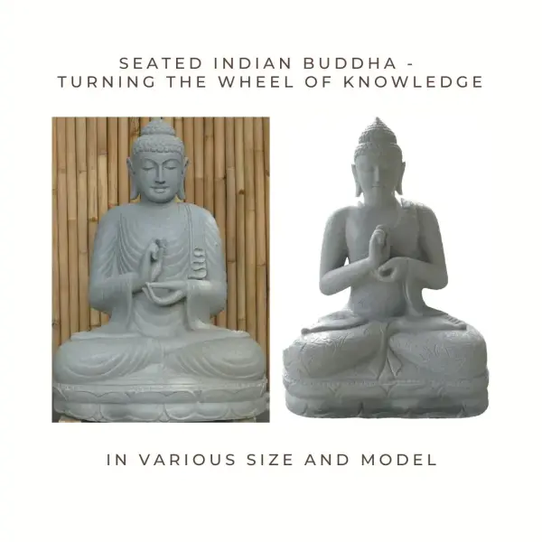 Product image 1 of the product “Seated Indian Buddha - turning the wheel of knowledge, in the sizes from 60cm to 150cm, Regular cape and Flower pattern cape, Natural finish ”