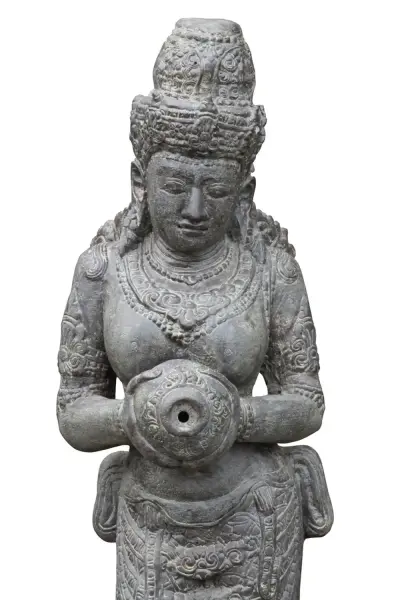 Product image 1 of the product “Standing Dewi Sri as a water feature, 153cm height, cast stone, handcrafted & coloured 153 cm”
