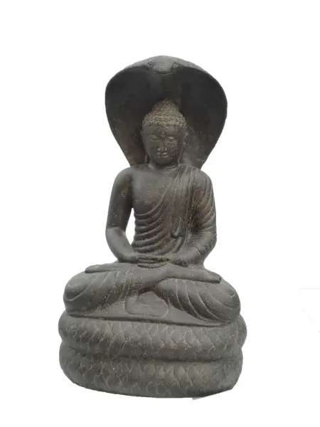 Product image 1 of the product “Seated Buddha, protected by a cobra. 76 cm high. Cast stone, handcrafted & colored ”