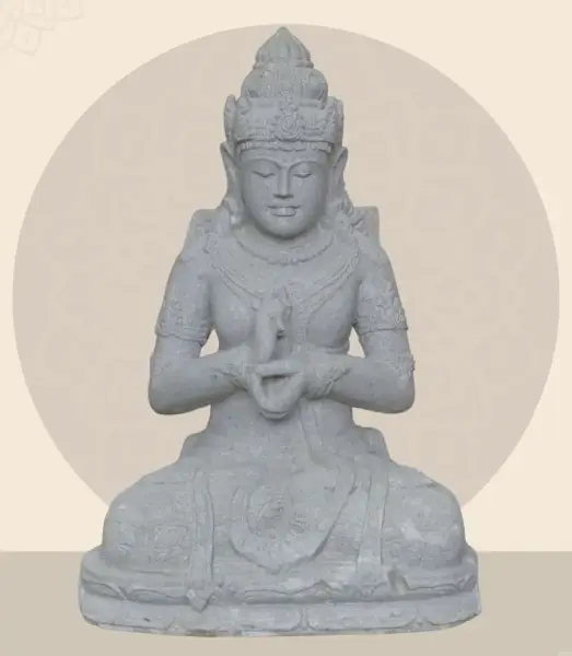 Product image 1 of the product “Seated Dewi Sri, position chakra turning the wheel, 79,5 cm high riverstone grey, modell with sativa ”