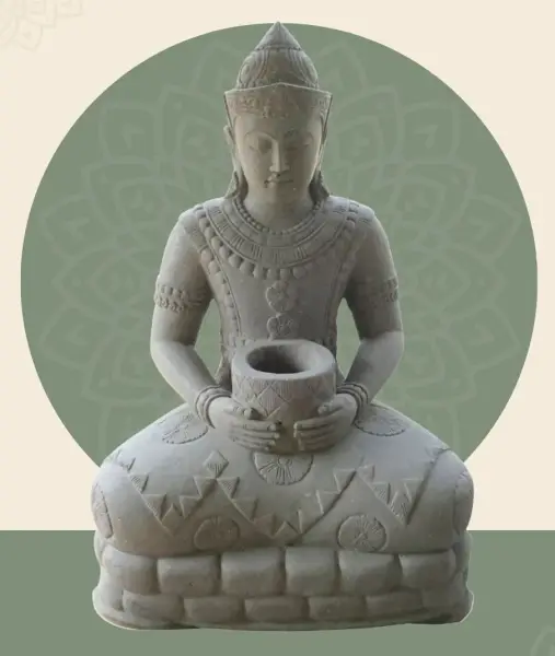 Product image 1 of the product “Seated Buddha in Thai style made of Riverstone, Holds a vessel in his hands, H. 150cm. ”