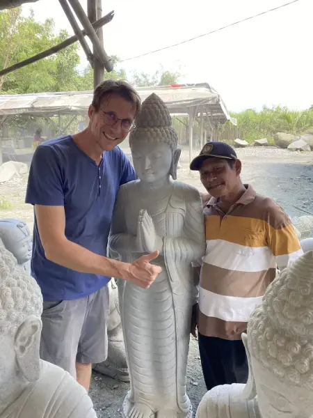 Product image 1 of the product “Standing Buddha Namaste made of Riverstone, ca. 185 cm High. ”