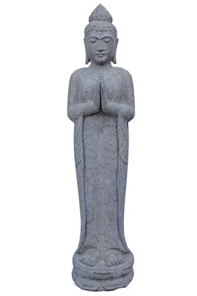 Product image 1 of the product “Standing Indian Buddha, floral pattern on the cape - gesture of greeting Namaste, in the sizes from 120cm to 180cm, Natural finish ”