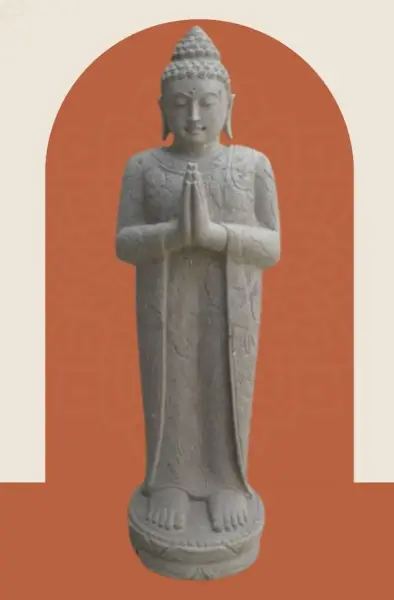 Product image 1 of the product “Standing Buddha with floral carving, Greeting position. 40 x 29 x 120cm. Natural stone (river stone), stonemasonry ”