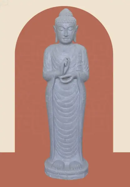 Product image 1 of the product “Standing Buddha made of Riverstone in Dharmachakra position - gesture of wheel of the teaching of Dharma. About 120cm height. ”