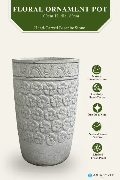 Product image of the product “Pot with Floral Ornaments, 100 cm Height, 60 cm Dia, Natural Stone ”