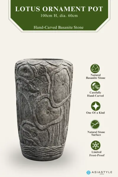 Product image of the product “Pot with Lotus Ornaments, 100 cm Height, 60 cm Dia, Natural Stone ”
