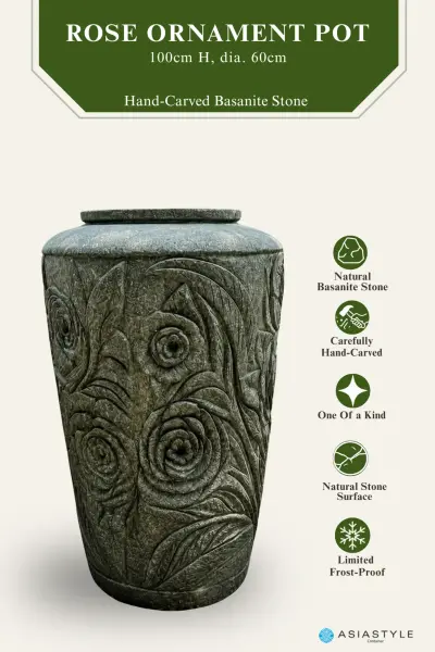 Product image of the product “Pot with Rose Ornaments, 100 cm Height, 60 cm Dia, Natural Stone ”
