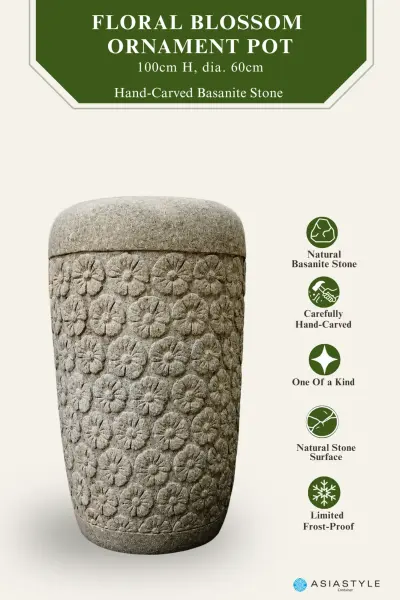 Product image of the product “Pot with Floral Blossom Ornaments, 100 cm Height, 60 cm Dia, Natural Stone ”