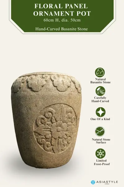 Product image of the product “Pot with Floral Panel Ornaments, 60 cm Height, 50 cm Dia, Natural Stone ”