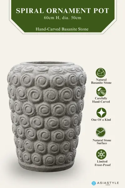 Product image of the product “Pot with Spiral Ornaments, 60 cm Height, 50 cm Dia, Natural Stone ”