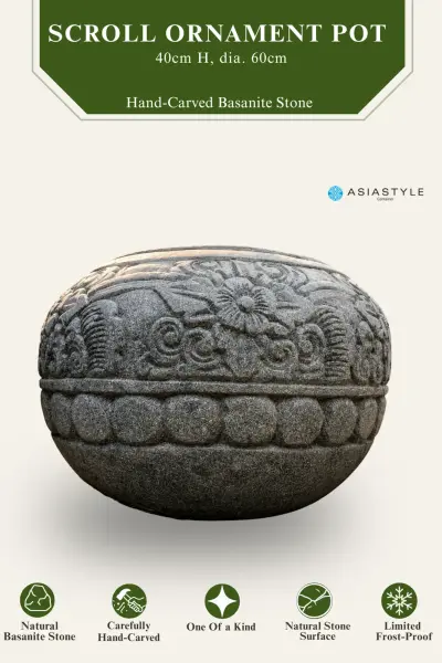 Product image of the product “Pot with Scroll Ornaments, 40 cm Height, 60 cm Dia, Natural Stone ”