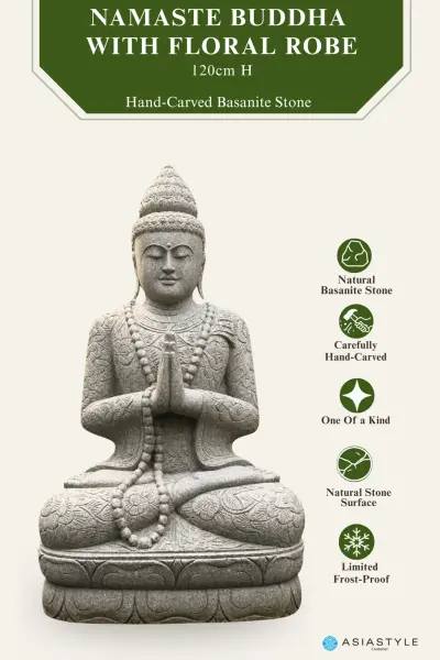 Product image of the product “Seated Buddha in Namaste Pose with Floral Pattern Robe, 120 cm Height, Natural Stone ”
