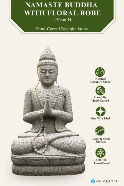 Product image of the product “Seated Buddha in Namaste Pose with Floral Pattern Robe, 150 cm Height, Natural Stone ”