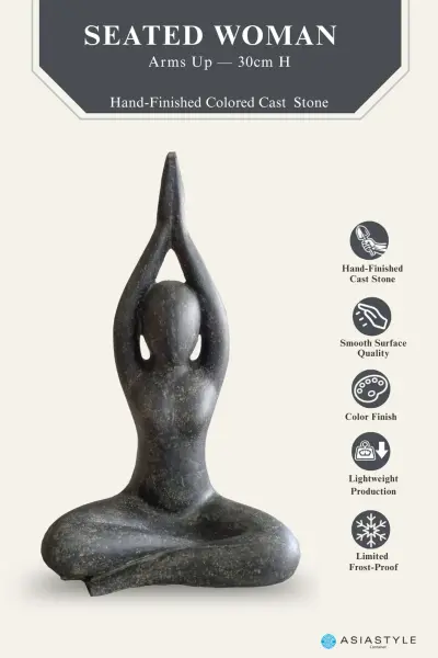 Product image of the product “Sitting woman in yoga pose - arms up, 30cm high. Cast stone, handcrafted & colored 30 cm”