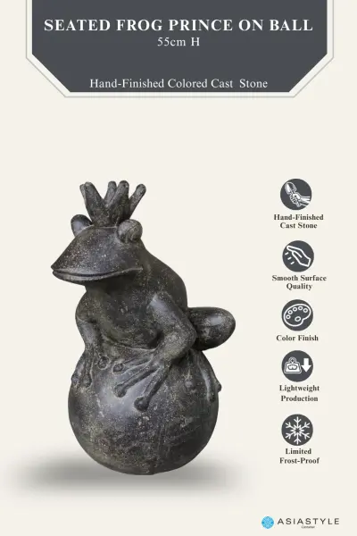 Product image of the product “Frog Prince sitting on ball, approx. 55cm height, cast stone, hollow, handcrafted & coloured ”