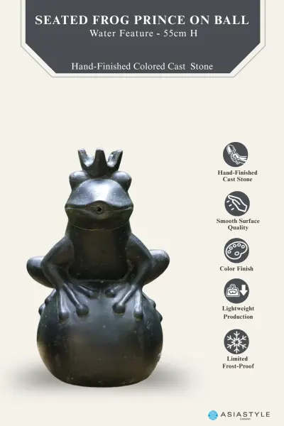 Product image of the product “Frog king with crown sitting on a ball as a water feature. 55cm high. Painted in the color antique finish ”