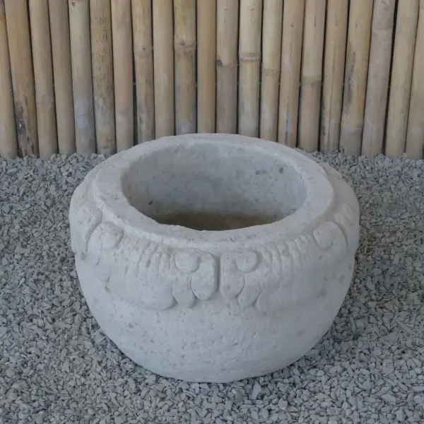 Product image of the product “Balinese style flat round pot, with carving - 60 cm Dia., 35cm Height, Taro sand ”