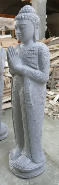 Product image 4 of the product “Standing Buddha with floral carving, Greeting position. 39 x 30 x 129cm. Natural stone (river stone), stonemasonry ”