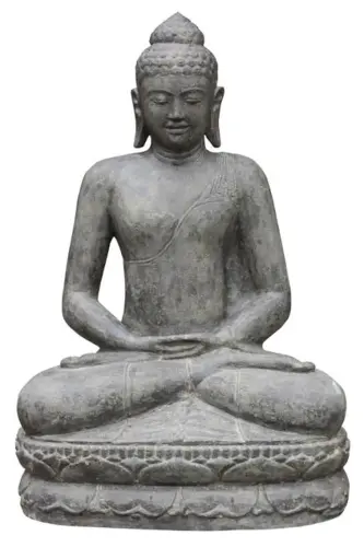 Product image of the product “Sitting buddha, India, 150 cm height, cast stone, hollow, handcrafted & coloured 150 cm (PL-SB-150EAF)”
