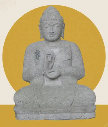 Product image of the product “Seated Buddha with floral carving, Dharmacakra position. 67 cm height. Natural stone (river stone), stonemasonry. There is a stone eye in the chest. ”