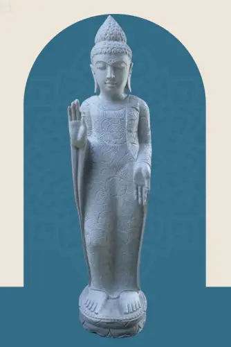 Product image of the product “Standing Buddha with floral carving, Abudaya position. 38 x 30 x 150cm. Natural stone (river stone), stonemasonry ”