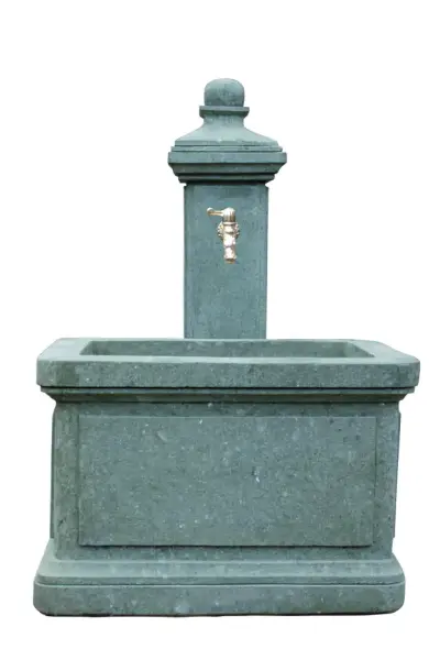 Product image 1 of the product “Wall fountain model „Verona“, 120 cm height, natural stone (Basanite), stonemasonry, without pump, pipes, faucet, drilling ”