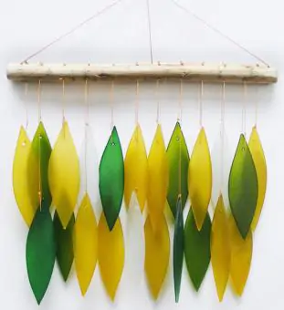 Product image 1 of the product “Glass Wind chime „Leaves“, forest colors, Driftwood & recycled Glass, 27x2x44 cm ”