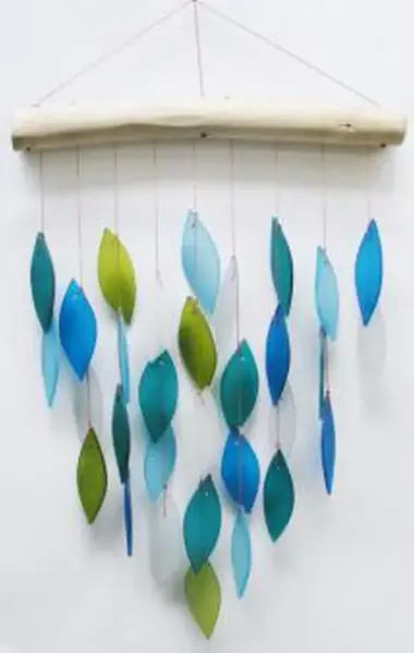 Product image 1 of the product “Glass Wind chime „Waterfall“, forest colors, Driftwood & recycled Glass, 30x5x56 cm ”