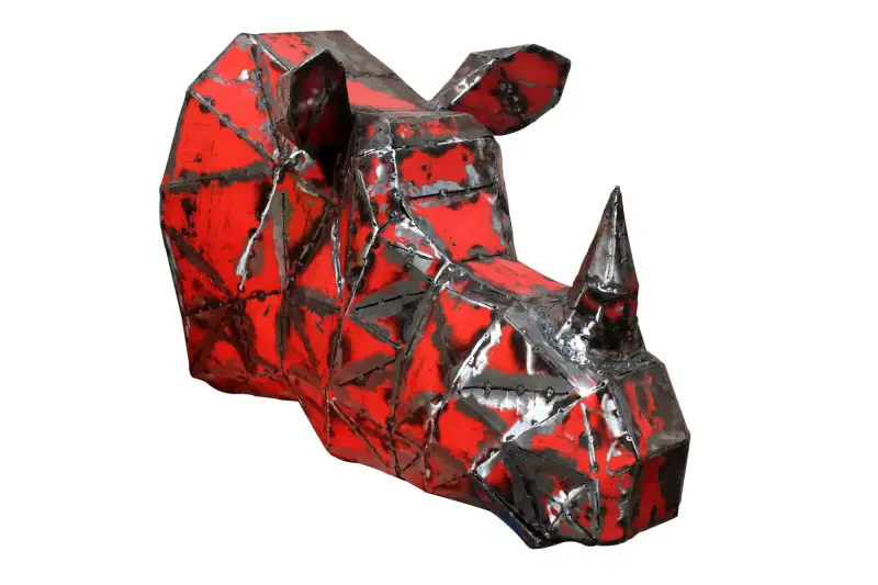Product image 1 of the product “Rhino Head wall hanger, 60cm long, sculpture from upcyceled oil barrel. ”