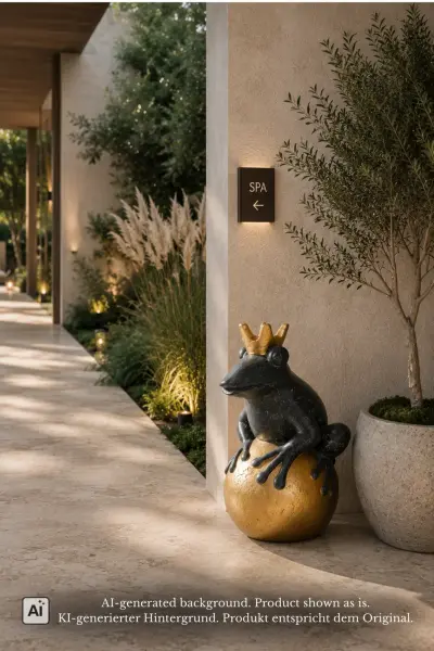 Product image 1 of the product “Frog Prince sitting on ball, approx. 50cm height, cast stone, hollow, handcrafted & coloured ”