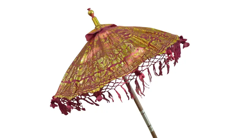 Product image 1 of the product “Temple umbrella „Bali“, dark red with golden print, ø 95 cm | ”