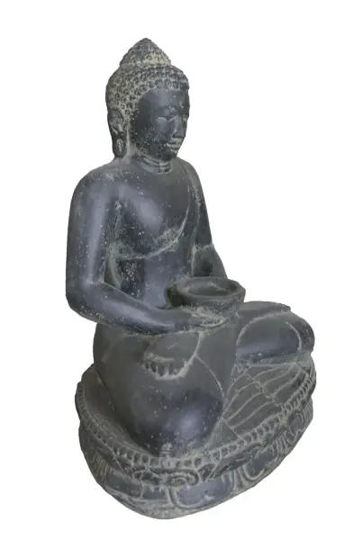 Product image of the product “Seated Buddha with bowl in his hands as water feature 37 x 24 x 51cm. Stone cast, handcrafted & coloured ”