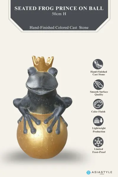 Product image of the product “Frog Prince sitting on ball, approx. 50cm height, cast stone, hollow, handcrafted & coloured ”