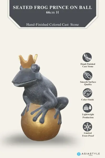 Product image of the product “Frog Prince sitting on ball, approx. 66cm height, cast stone, hollow, handcrafted & coloured ”