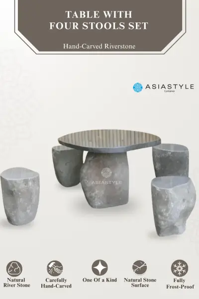 Product image of the product “1 Set Table and 4 Stool. Made from Naturestone Riverstone. Table size 99 x 91 x 68cm, with 5cm thickness of the table. Stool Size approx. 45 x 34 x 45cm. ”