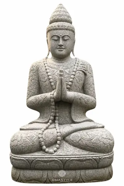 Product image 3 of the product “Seated Buddha in Namaste Pose with Floral Pattern Robe, 150 cm Height, Natural Stone ”