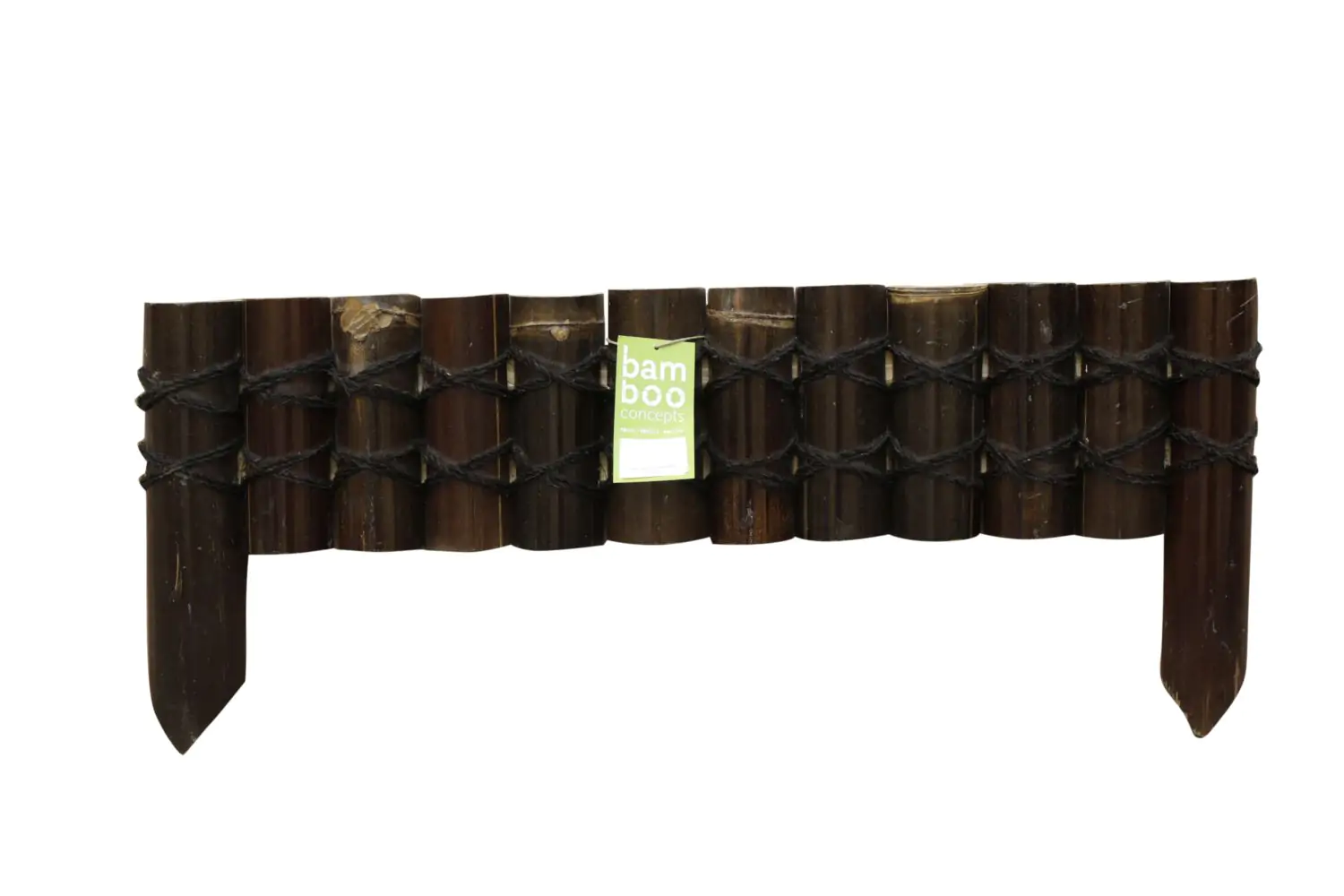  Product image 1 of the product “Rigid bed edging made of wide (approx. 8 cm) dark brown bamboo, set in half vertically, with decorative binding, length 90 cm, height 20 cm, for spiking (ends approx. 35 cm) ”
