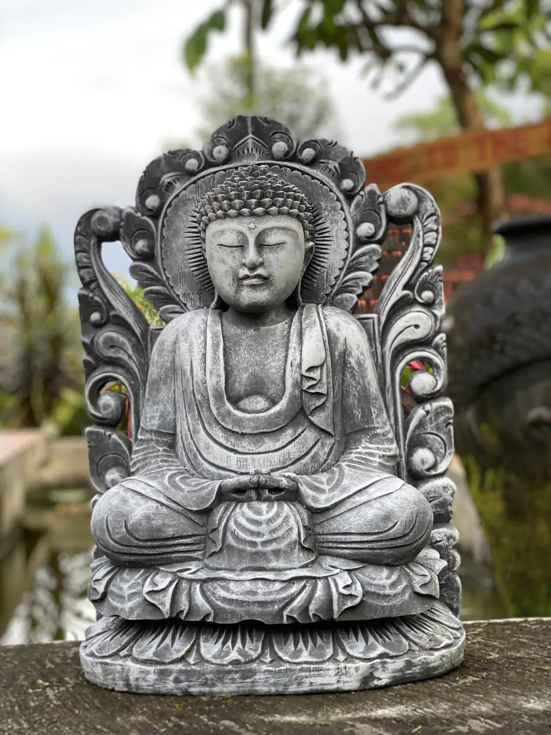  Product image 1 of the product “Bodhi - Buddh, seated in front of relief, 52 cm H | cast stone ”