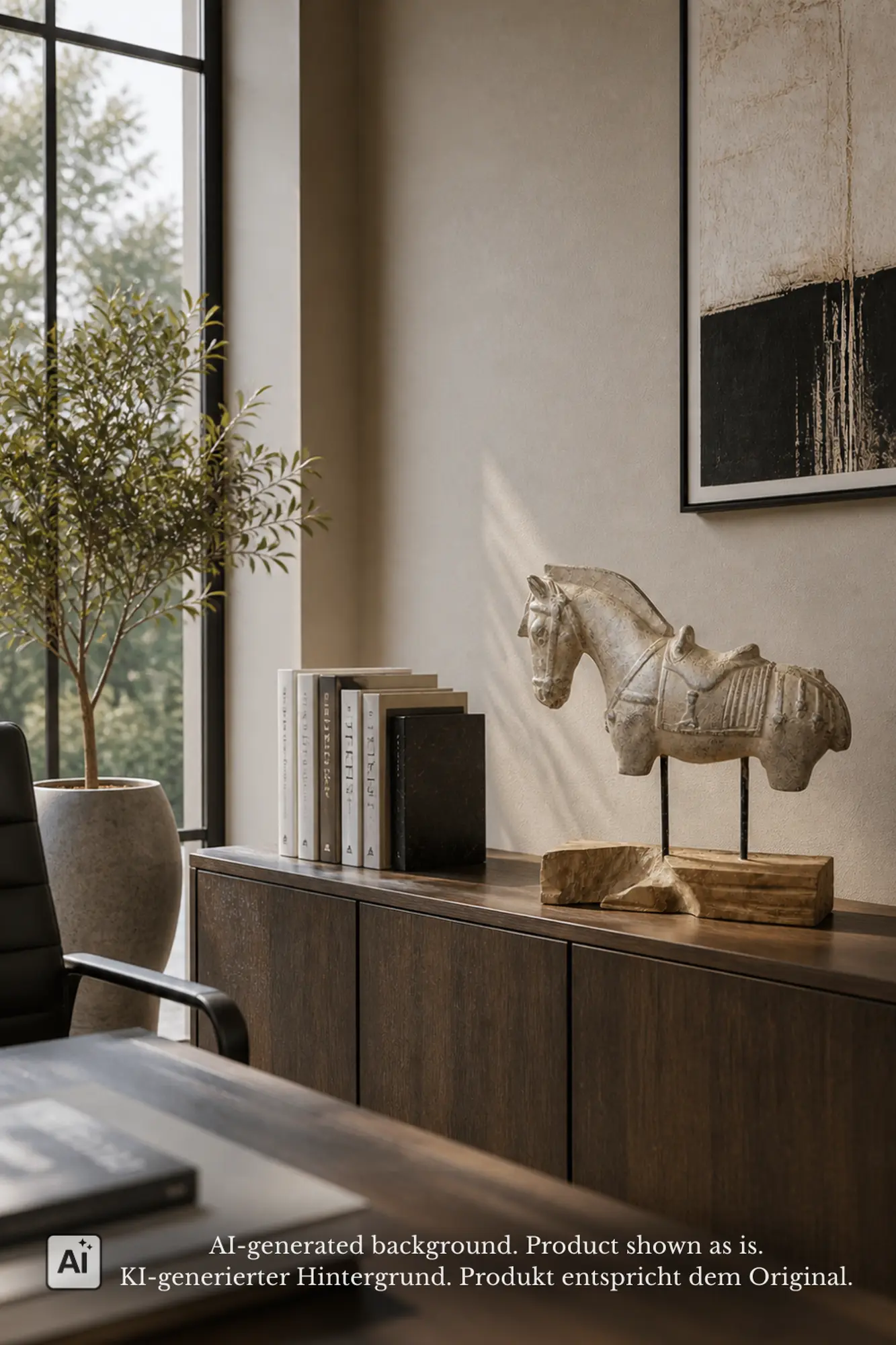  Product image 1 of the product “Tang horse on wooden base about 64 cm Height, Made of Fibre Cement ”