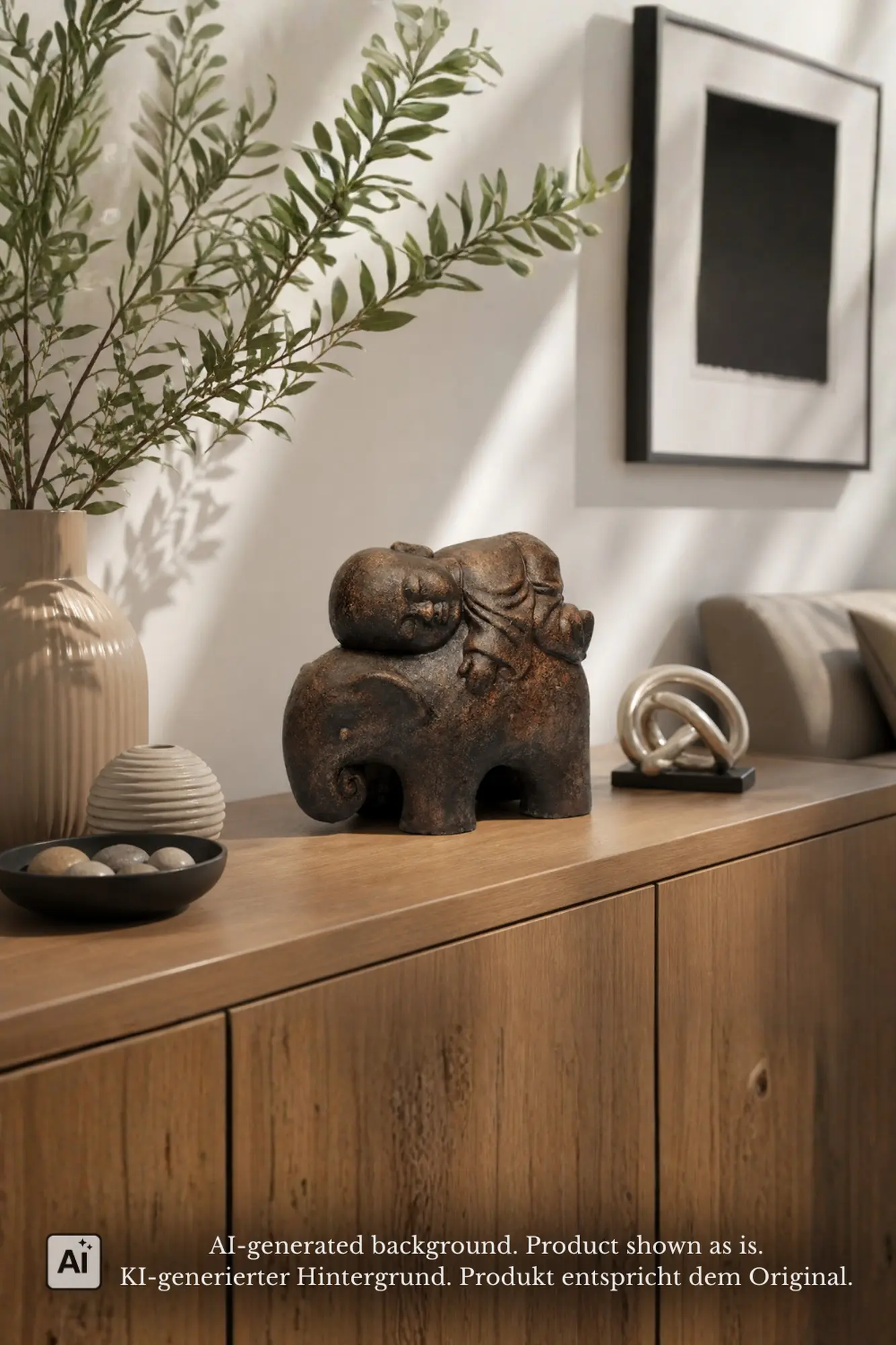 Product image 1 of the product “Reclining monk on elephant about 64 cm Height, Made of Fibre Cement ”