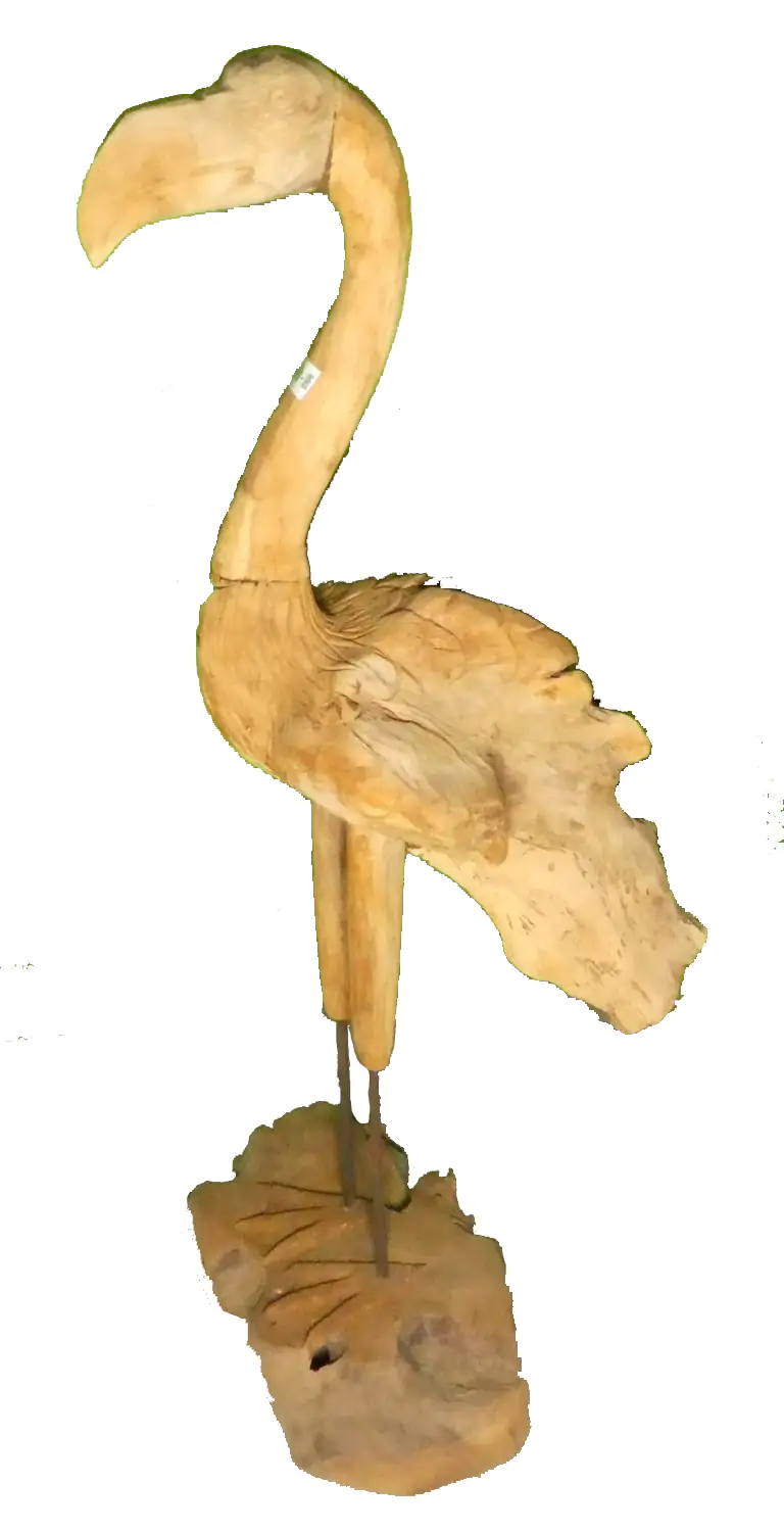 Product image 1 of the product “Flamingo, made from teak root pieces, about 1,10 mtr high-. 2 Parts, metall feet. ”
