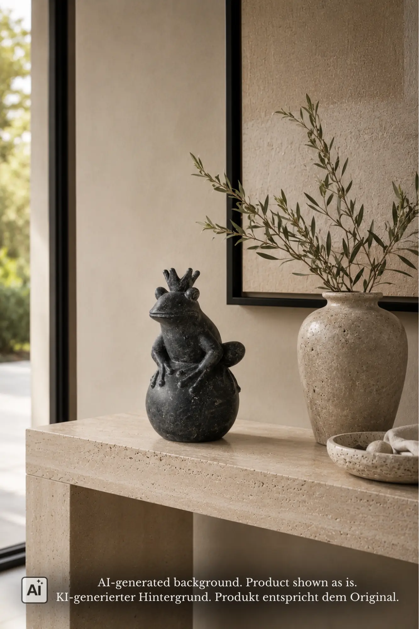  Product image 1 of the product “Frog Prince sitting on ball, approx. 30cm height, cast stone, hollow, handcrafted & coloured ”
