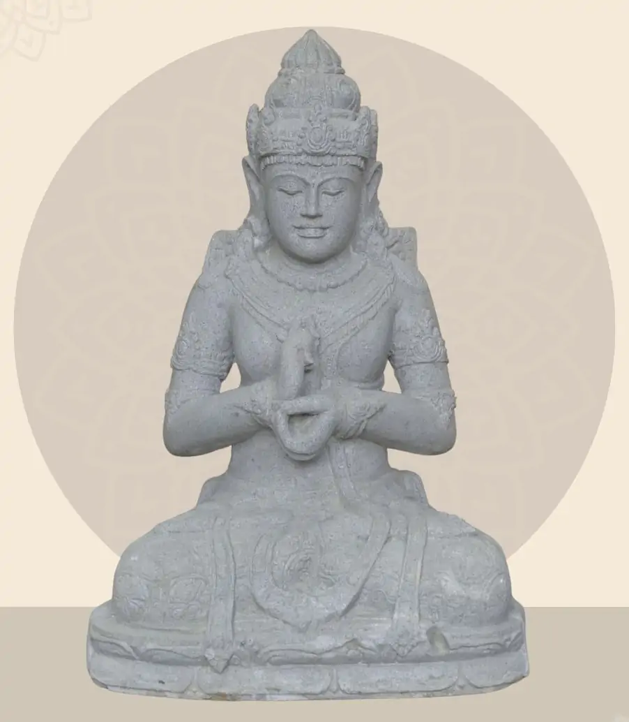  Product image 1 of the product “Seated Dewi Sri, position chakra turning the wheel, 79,5 cm high riverstone grey, modell with sativa ”