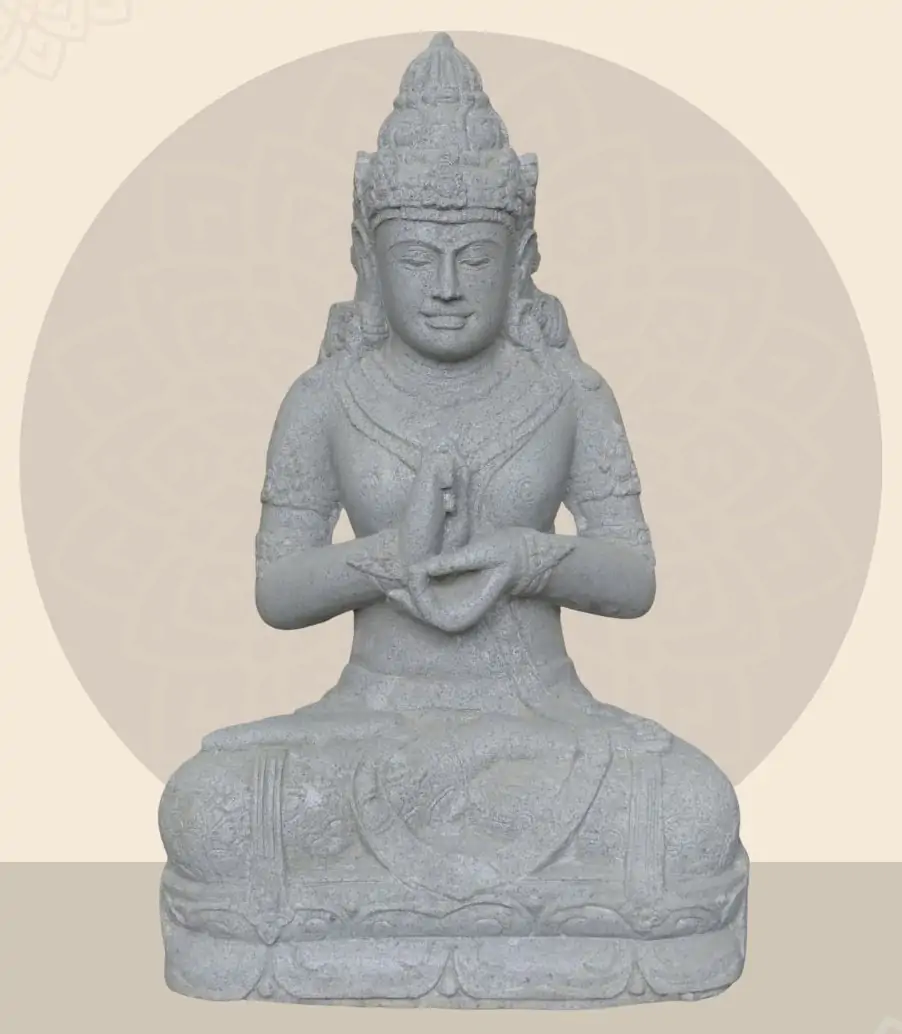  Product image 1 of the product “Seated Dewi Sri, position chakra turning the wheel, 79 cm high riverstone grey, modell with sativa ”