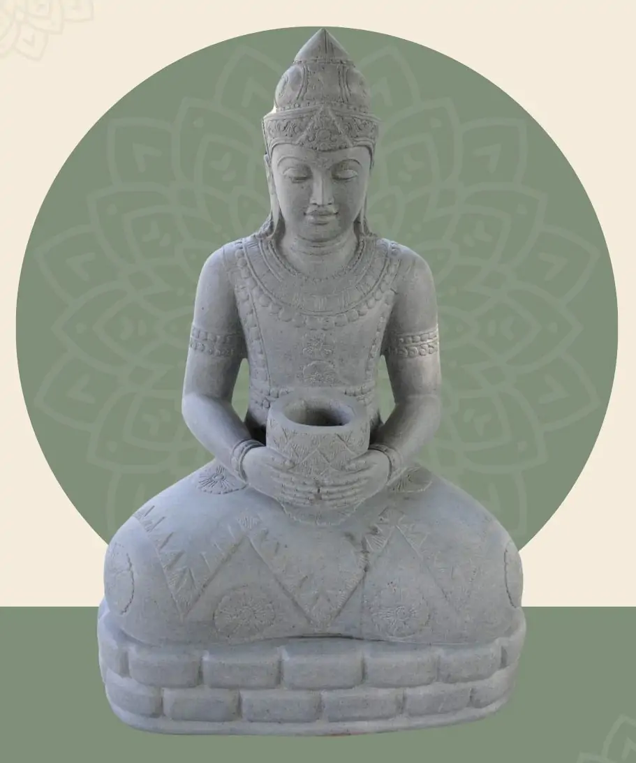  Product image 1 of the product “Seated Buddha in Thai style made of Riverstone, Holds a vessel in his hands, H. 150cm. ”