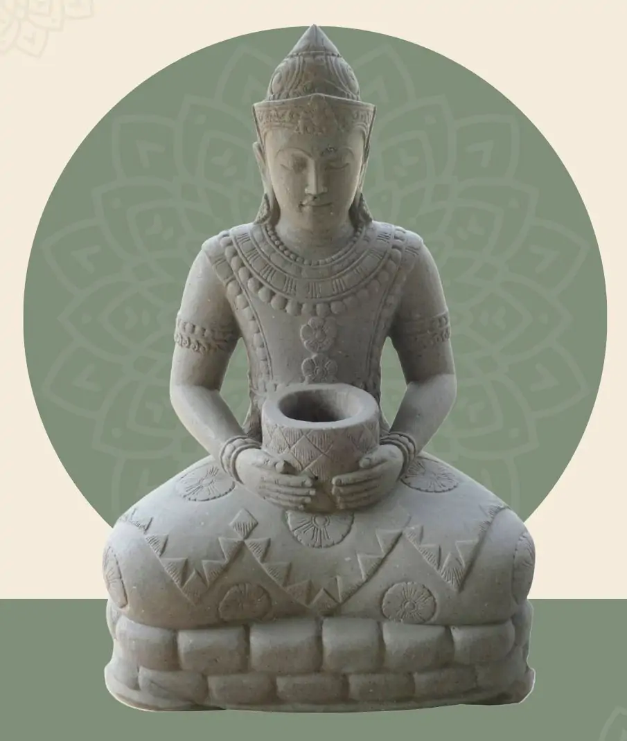  Product image 1 of the product “Seated Buddha in Thai style made of Riverstone, Holds a vessel in his hands, H. 150cm. ”