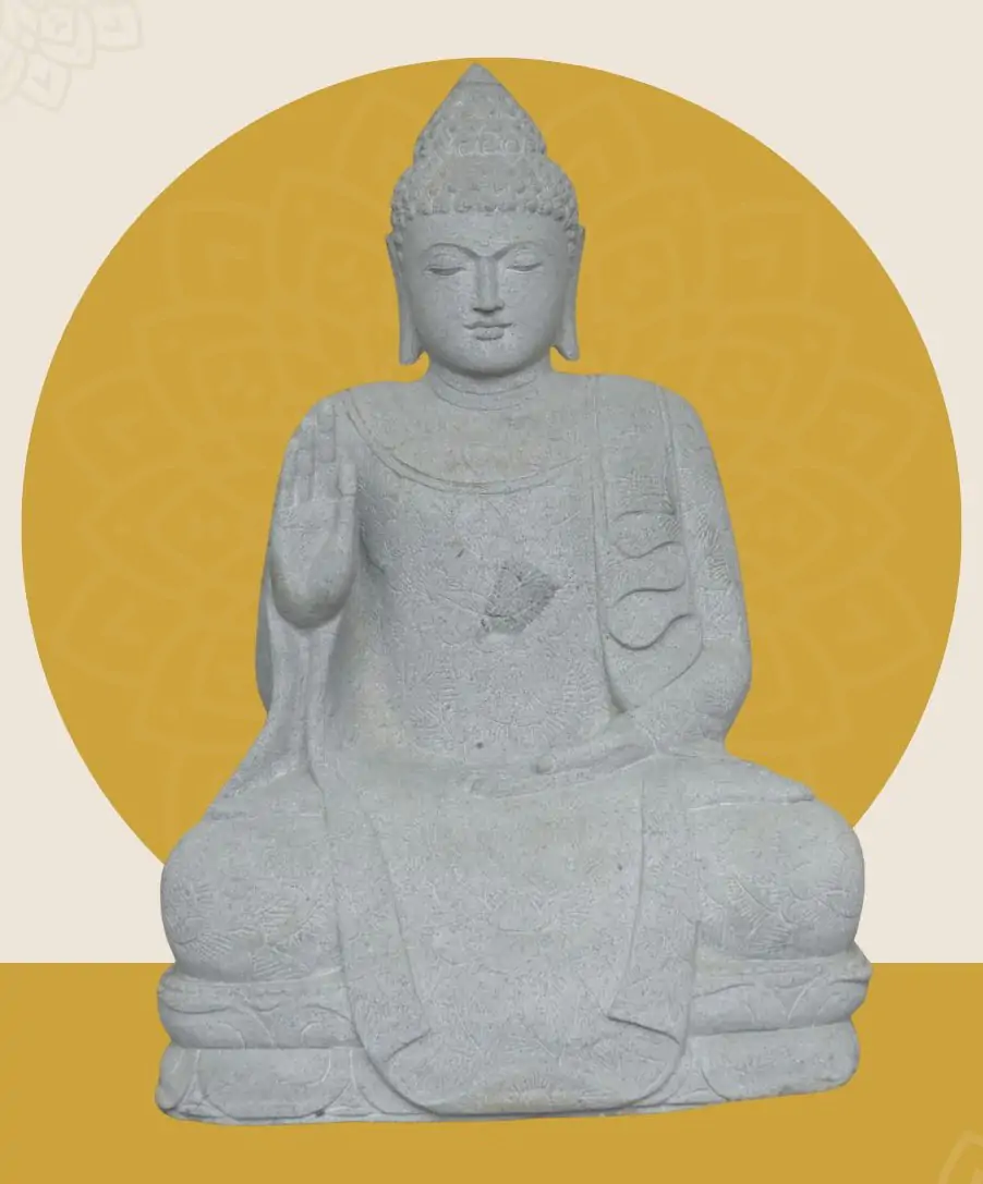  Product image 1 of the product “Seated Buddha with floral carving - Abhaya position. About 68cm length, 42cm width, 100cm height. Natural stone (river stone), stonemasonry ”