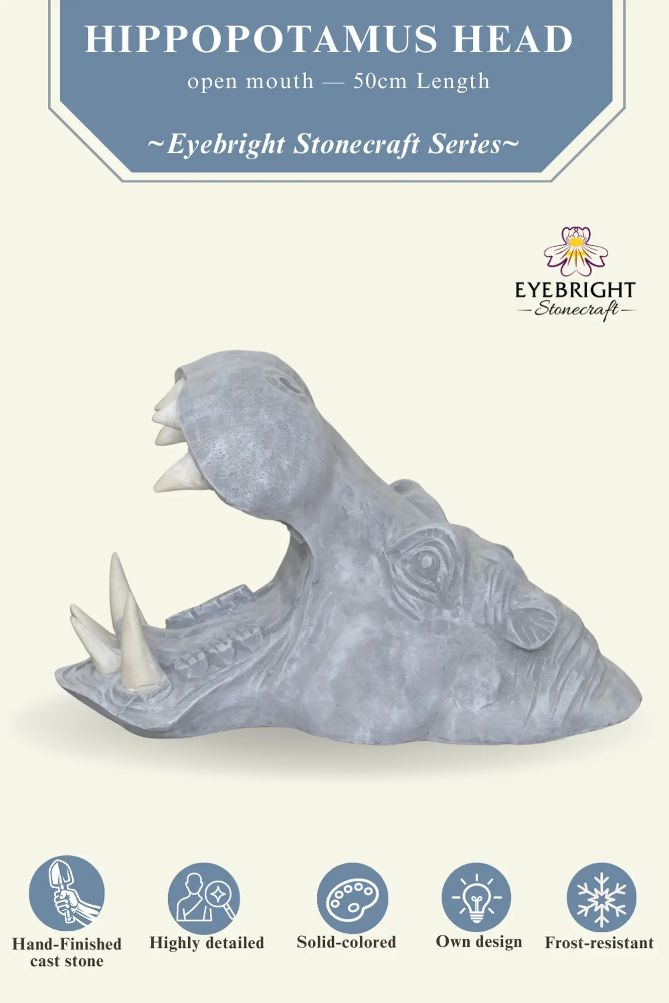  Product image 2 of the product “Zuberi - Hippopotamus head with open mouth, 50cm L | cast stone ”