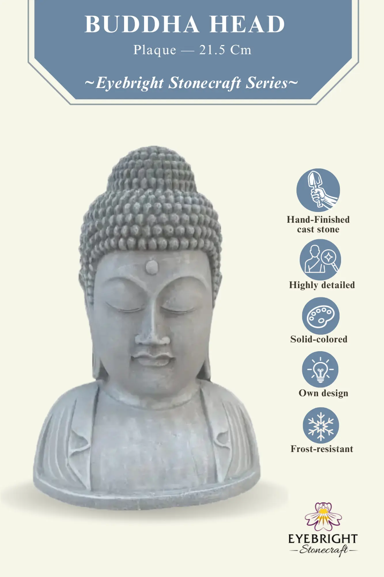  Product image 2 of the product “Arjun - Plaque Buddha Head, 21.5cm Height | cast stone ”